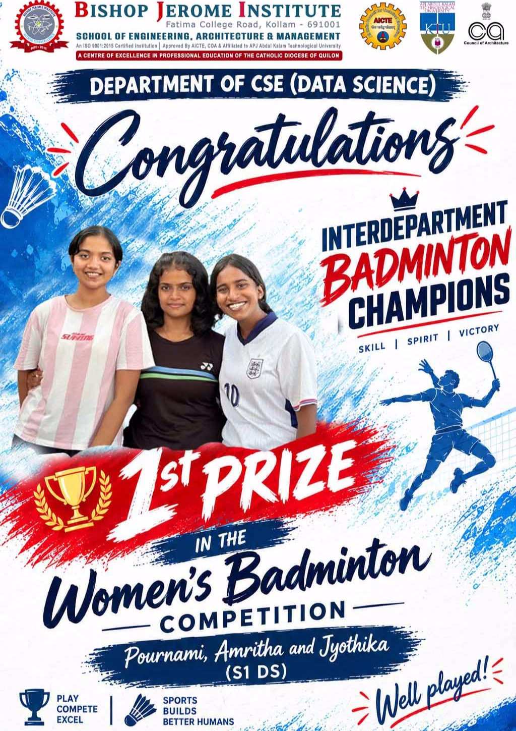 CSE (Data Science) Wins Interdepartment Women's Badminton Tournament | Bishop Jerome Institute
